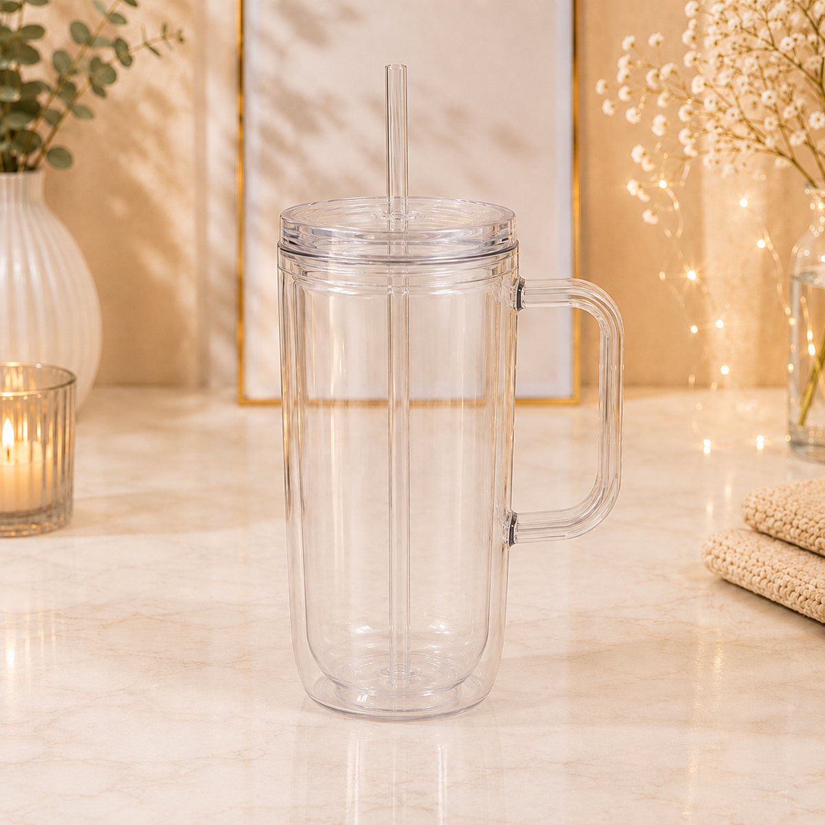 20 oz Doppelwandiger Kunststoffbecher mit Deckel & Strohhalm – Farbe & Design nach Wahl