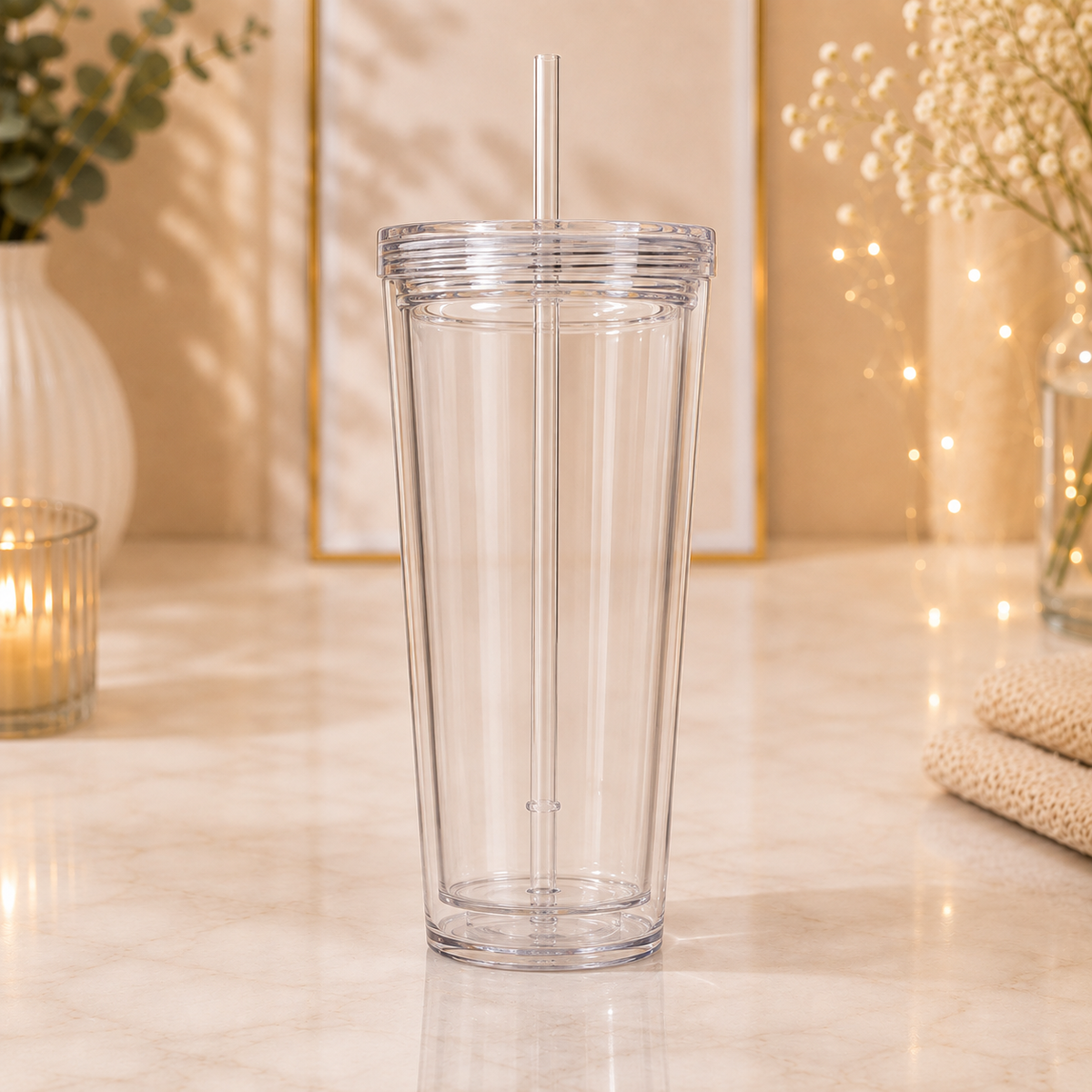 24 oz Doppelwandiger Kunststoffbecher mit Deckel & Strohhalm – Farbe & Design nach Wahl