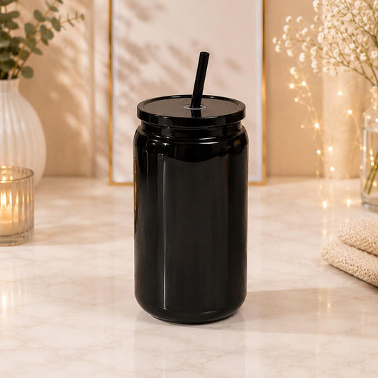 Kunststoffbecher 16 oz (473 ml) mit Deckel & Strohhalm – Schwarz