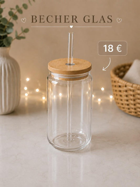 Glasbecher mit Bambusdeckel & Glasstrohhalm (16 oz / 473 ml)